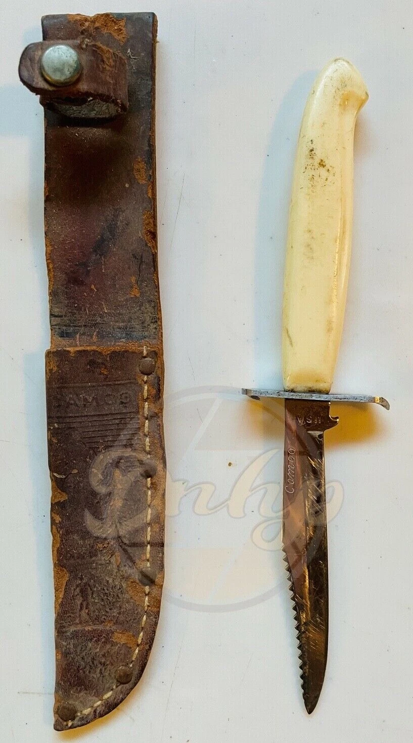 Camco Serrated Fixed Blade Can Cap Opener Hilt Leather Sheath USA Vintage