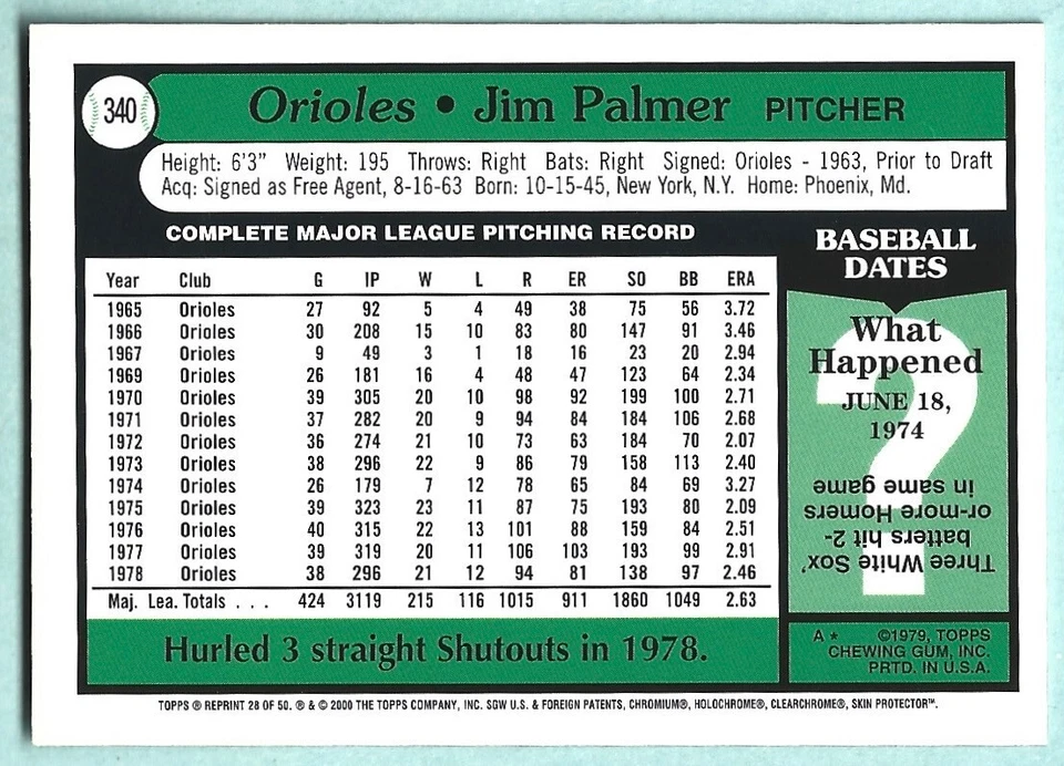 2001 Topps Chrome - Through the Years - Jim Palmer - #28 - Orioles - NrMt+ - Image 2 of 4