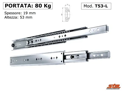 STM COPPIA GUIDE SCORREVOLI a SFERE per CASSETTI 80 kg Estrazione Totale T53-L
