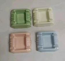 Set Of 4 1940's Square Ceramic Ashtrays Blue White Pink Green Mid Century Modern