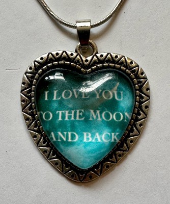 I Love You to the Moon and Back words heart pendant 1 1/2'' Necklace 24'' Silv PL