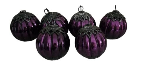 6 Vintage German KUGEL Style Purple Heavy Crackle Glass Ball Ornament Pleated  - Picture 1 of 11