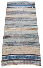 Antique Vintage Hand Woven Rag Rug Blues Farmhouse Cottagecore 33" x 70.5"