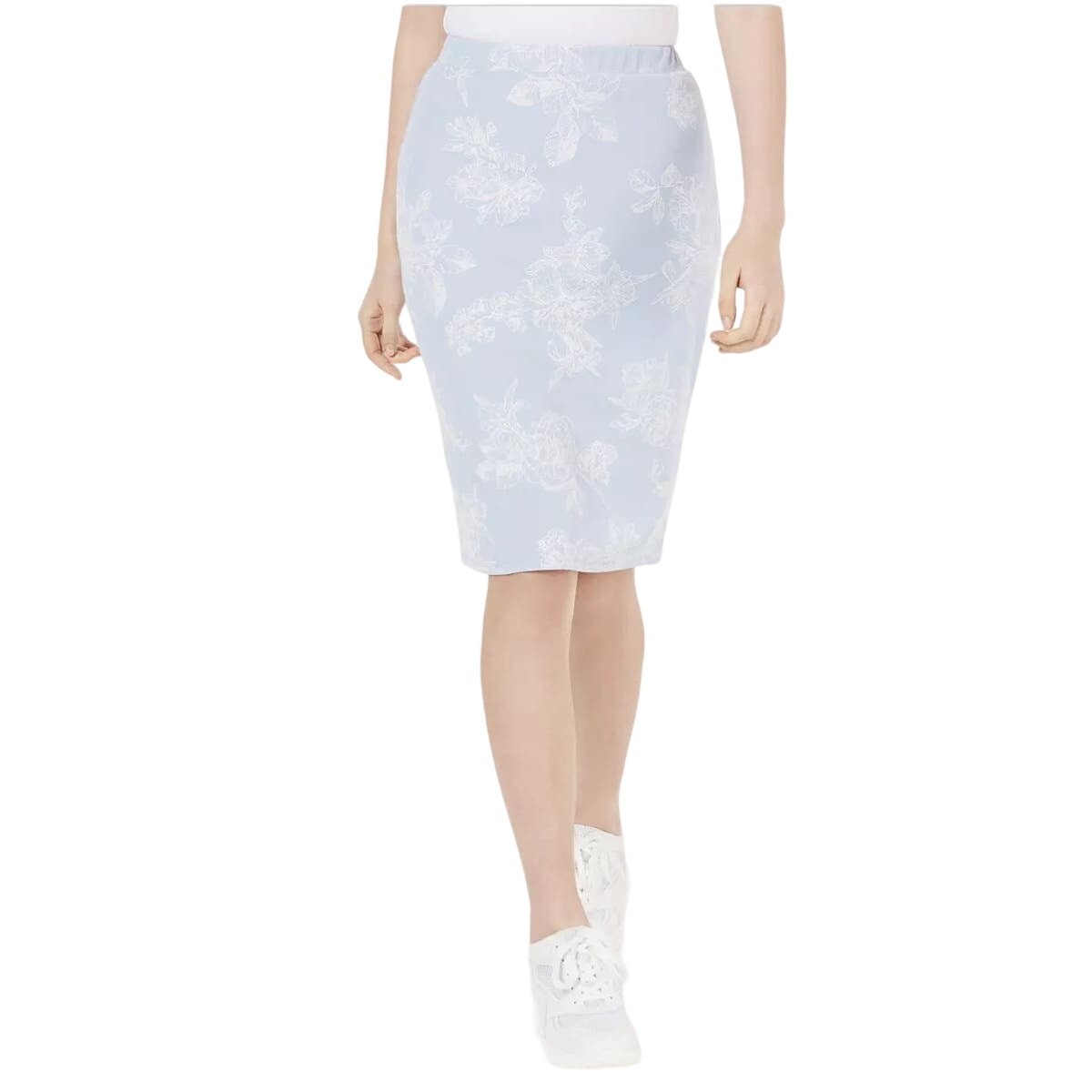 Material Girl Light Blue White Floral Print Straight Pencil Skirt
