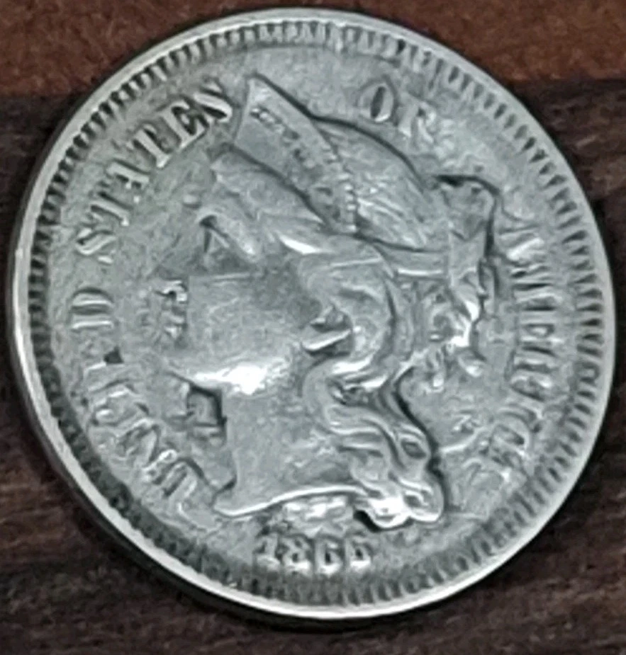 1866 3 Cent Nickel With Strikethrough Error On Obverse And Full Lined Column Cud - Image 3 of 4