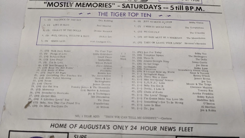 Programa de estación de radio WBBQ TIGER 1968 James Brown T lista de reproducción AUGUSTA GA de colección Foto 3 de 4