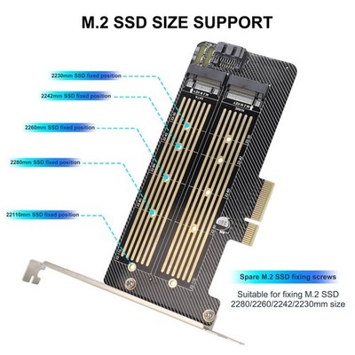 Dual M.2 SSD PCIe Adapter Card - NVMe SATA NGFF for PCIe x4 x8 x16 Slot with LED