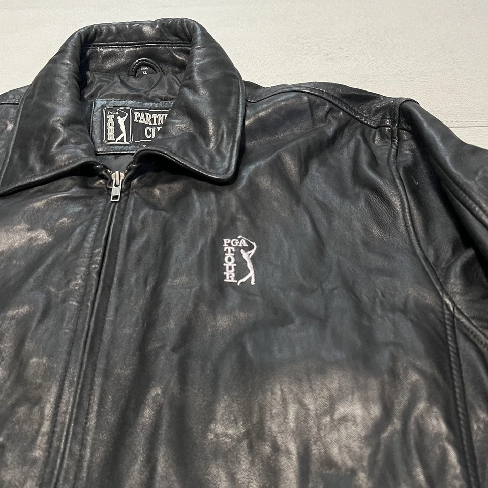 Abrigo Chaqueta de Golf PGA Tour Hombres Negro Suave Guijarro Hombres Cuero Tostado Cremallera-XL-B3-1 Foto 2 de 4