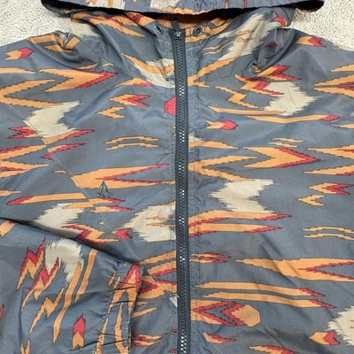 Volcom Jacket Mens M Blue Windbreaker Hooded Full Zip Lined Pockets Embroidered