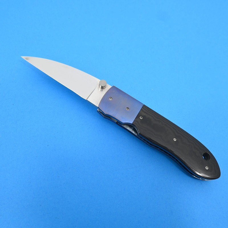 DARROLD E. OLSON OR CUSTOM LINERLOCK ANODIZED TITANIUM & BLACK MICARTA-MINT