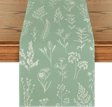Sage Green Leaves Flowers Spring Table Runner, Seasonal Kitchen Dining Table Dec