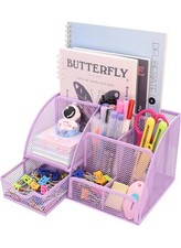 Mesh Desk Organizer Office Supplies 6 Compartments 1 drawer Pale Purple 