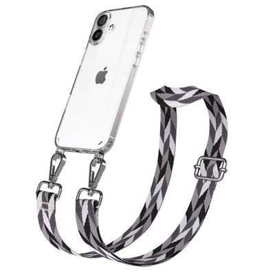 Silikon Hülle mit Band für Apple iPhone 16 Plus Kette Grau / Schwarz Mix -Silber