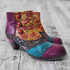 SOCOFY Bohemian Leather Side Zip Ankle Boots, Size 42 EU Retro Boho Chic