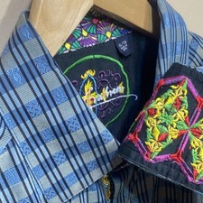 Robert Graham Shirt Mens Size XL Button Up Blue Gray Flip Cuff Geometric Paisley