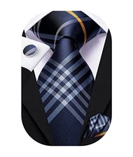 Mens Plaid Ties Classic Paisley Necktie with Handkerchief Navy Blue Plaid
