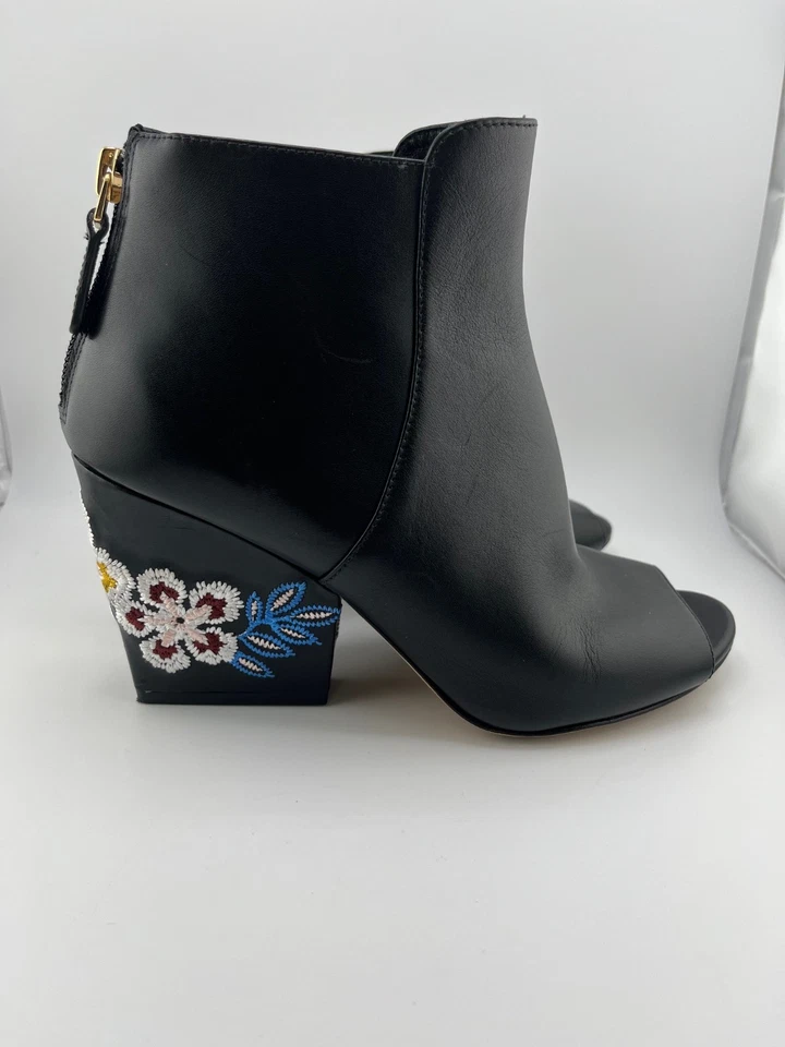 Tory Burch Black Leather Peep Toe Booties Floral Embroidered Heel 6.5M - Image 3 of 4