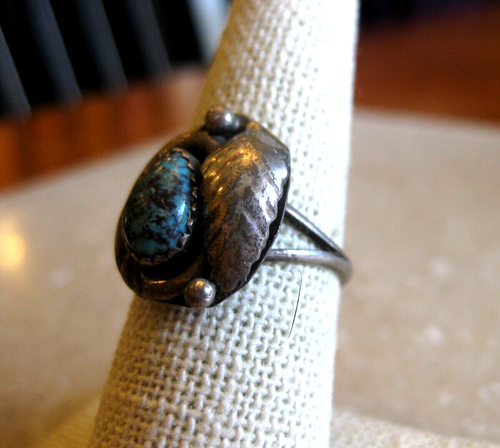 Vintage Southwestern Artisan Turquoise Ring, Feather Along One Side / Size 7 + - Picture 4 of 8