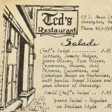 Vintage 1980s Ted's Restaurant Menu 13 South Main Street Lexington Virginia