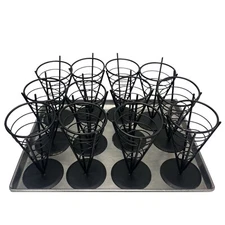 Lot of 12 Black Large French Fry Crepe Cone Wire Baskets Restaurant 5” x 8”