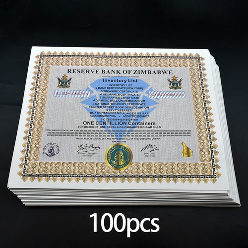 100pcs Zimbabwe One Centillion Containers Diamond Certificate Paper Notes