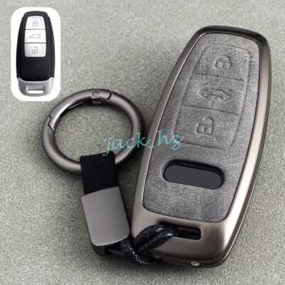 Metal Leather Car Key Fob Case Cover Keychain For Audi A6 C8 Q7 e-tron 3 Button