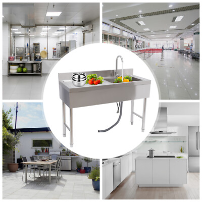 Freestanding Single Bowl Kitchen Restaurant Sink w/Faucet & Drainboard Workbench