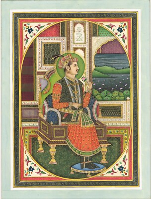 Porträt Malerei Von Mughal Kaiser Akbar Echt Gold & Stein Kunstwerk 22.9x30.5cm