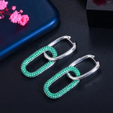 Trendy Green CZ Ladies Dangle Rectangle Hoop Earring for Punk White Gold Jewelry