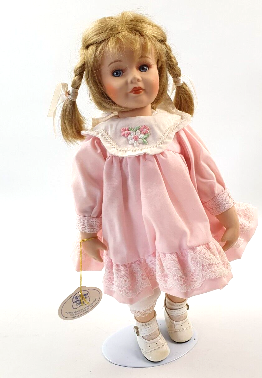The Heritage Heirloom Collection Porcelain Girl Doll W/Stand Pink Dress