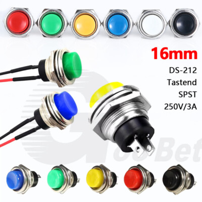 16mm Druck Taster Schalter KFZ Hupe Klingel OFF-ON Tastend 2 PIN SPST 250V 3A