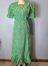 Vtg 70s Fairy Floral Maxi Dress Sz S Retro Garden Party Green Prairie Edwardian