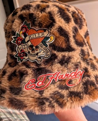 Ed Hardy Womens Leopard Faux Fur Bucket Hat Women's One Size NWT Beige/Brn/Black