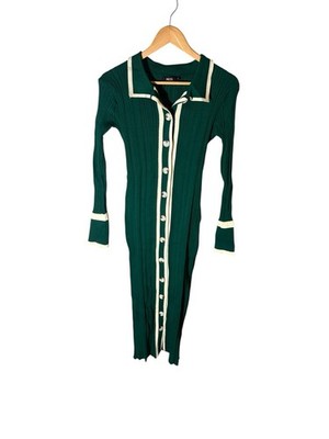 New Micas Dress Women's Sz Large White Green Collared Long Sleeve Preppy