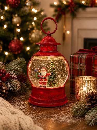 Christmas Snow Globe Lighted Red Lantern Swirling Glitter Santa Tree 10" Battery