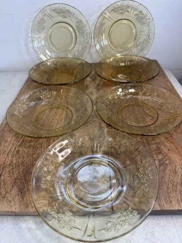 7 Yellow Federal Depression Glass Salad Plates Amber Cabbage Rose 6”etch Vintage
