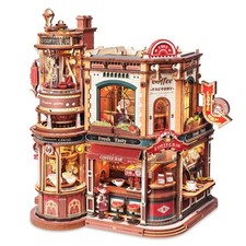 ROKR Dream Coffee Factory 3D Wooden Puzzle DIY Miniature Model Kit Music Box