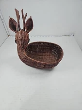 Vintage Wicker Reindeer Deer Basket Bowl Holiday Christmas Planter Table Decor
