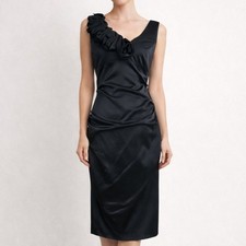 CACHE Size 8 Black Satin Ruched Sleeveless Bodycon Dress with Rosette Shoulder