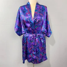Vintage Mervyns Partners Satin Kimono Robe Sz M Purple Paisley Belted Short Wrap