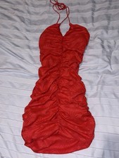 ZARA Red Ruched Halter Floral Jacquard Mini Bodycon Dress Women’s S
