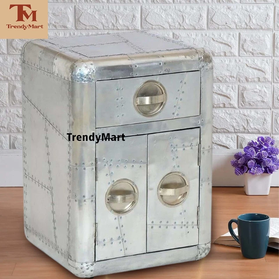 Mesita de noche de aviador | Mesita de noche industrial de aluminio con cajón Foto 3 de 4