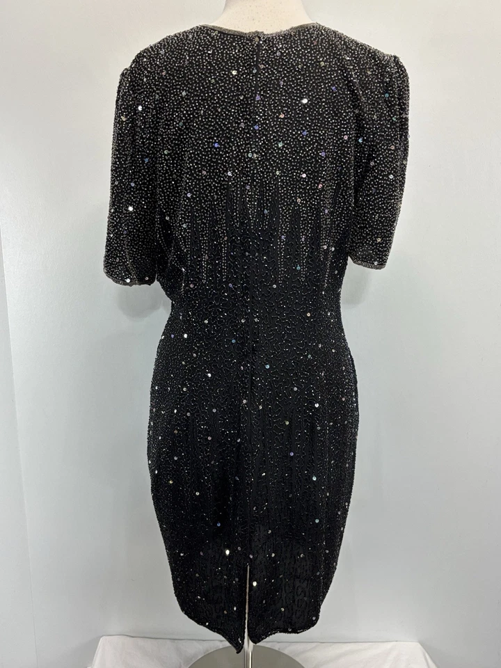 Vtg Stenay Beaded Dress Sz 16 Women’s Black Sequins Silk Short Sleeve Formal - Image 3 of 4