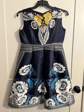 Dress Sz XL Navy Floral Satin Fit Flare Sleeveless Knee Length Party Wedding