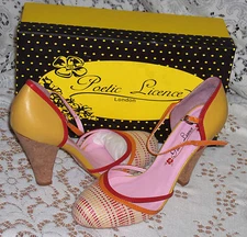  IRREGULAR CHOICE POETIC LICENCE LONDON HOPEFUL YELLOW RED SHOES 8.5 STRAPPY  