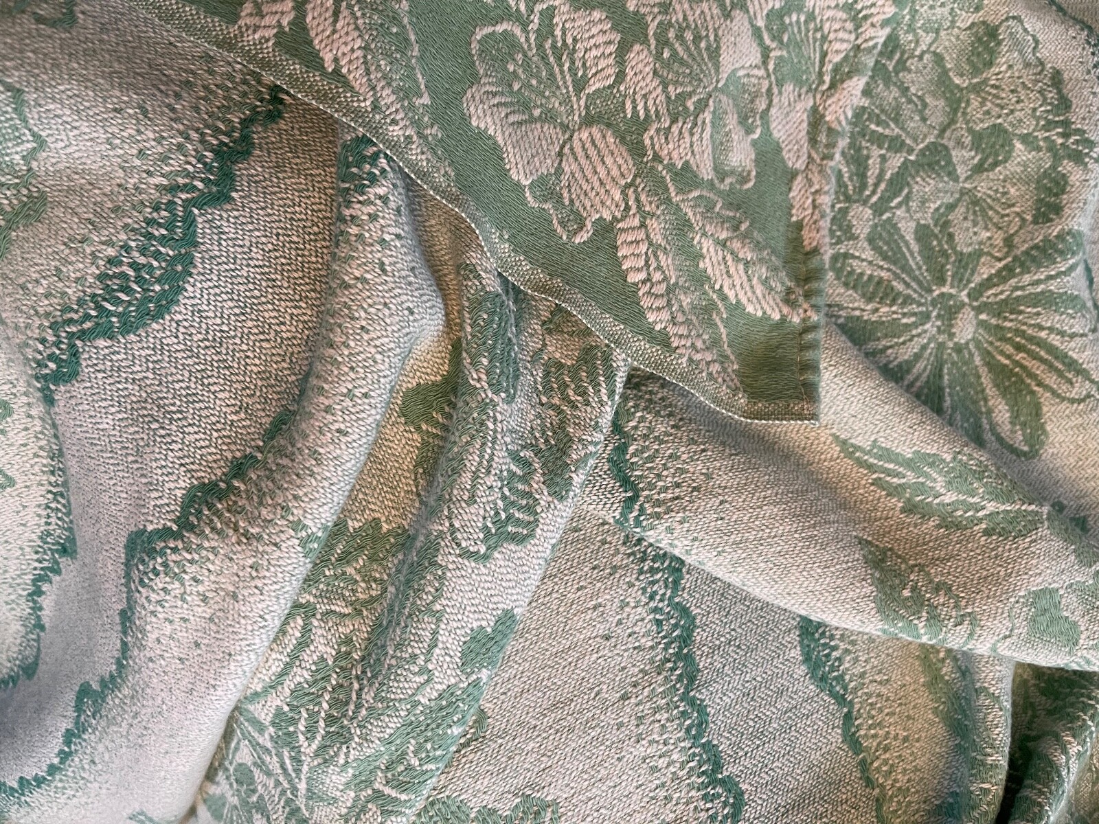 green cotton jacquard throw blanket coverlet foliage BATES 80x68