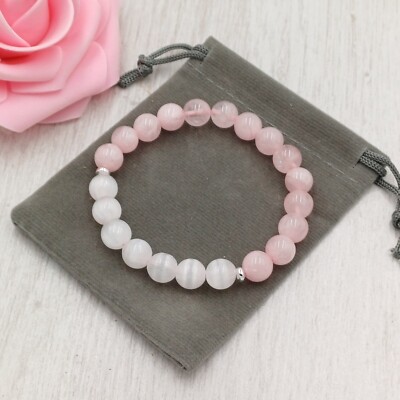 ROSENQUARZ & SELENIT Armband Handarbeit Kristall Heilung Chakra Edelstein Stretch