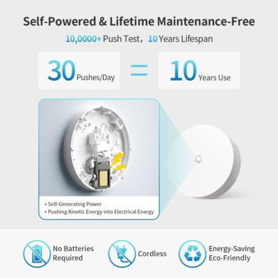 Self-Powered Wireless Doorbells for Home,Waterproof Dog DoorBell for Potty Train