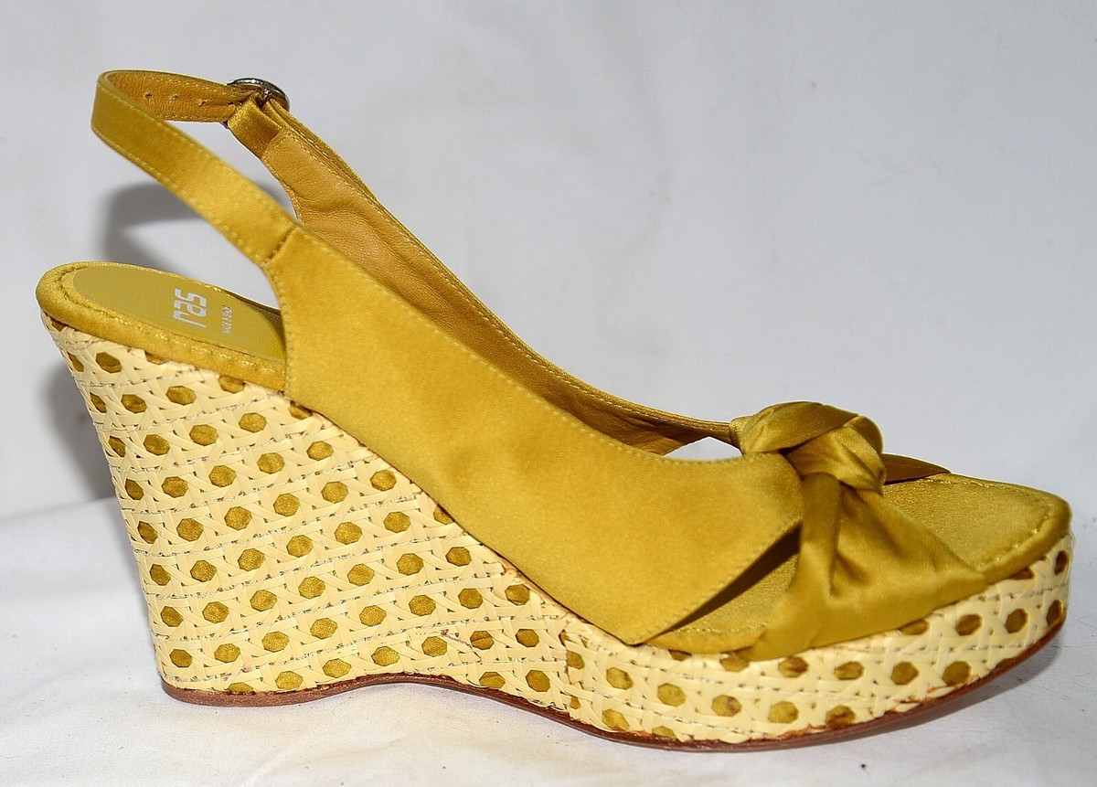 NEW $275 RAS SPAIN WICKER HEEL SATEN Mustard Yellow Wedge