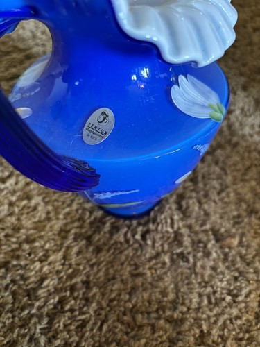 Fenton glass blue over white pitcher hand painted white flowers signed - Picture 3 of 4